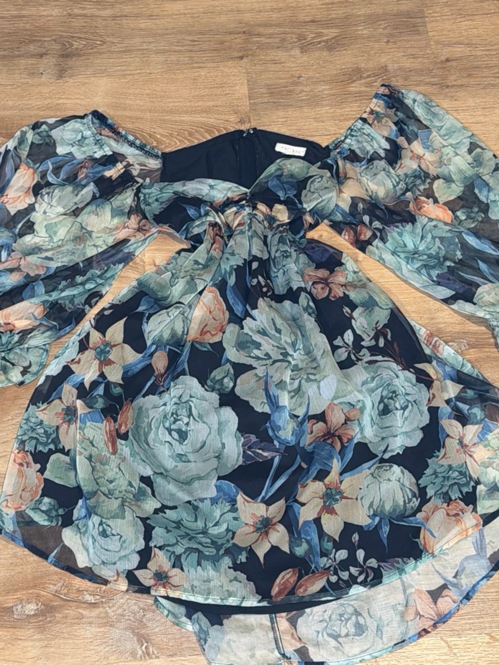 Promesa Navy Floral Puff-Sleeve Dress with Mint and Peach Accents